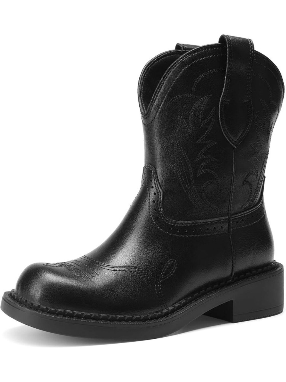 Women's All Black Faux Leather Round Toe Western Low Heel Embroidered Boots